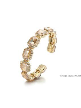 Austrian Crystal Emerald Cut Open Stretch Cuff Bracelet Wedding Bride